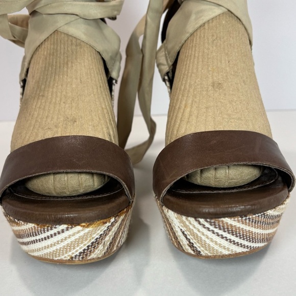 UGG Jules Tan Ribbon Strappy Tie Jute Espadrille Striped Sandals Wedge Sz 10 - Picture 2 of 12